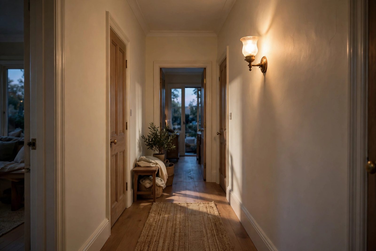 Warm hallway lit by a wall sconce at dusk