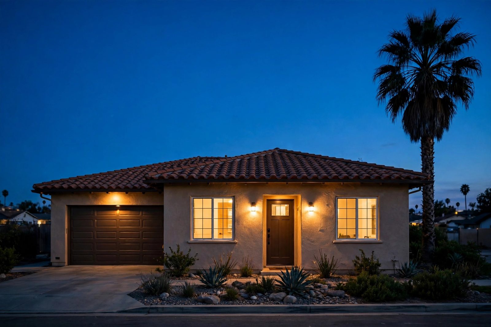 South Bay home glowing warm at dusk