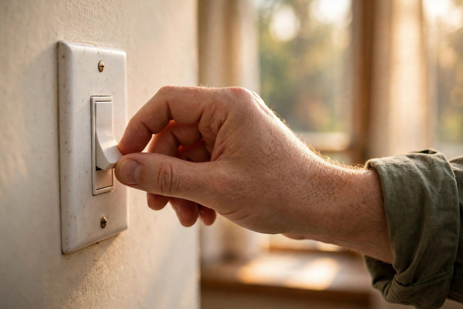 Hand flipping a rocker light switch on a porcelain plate